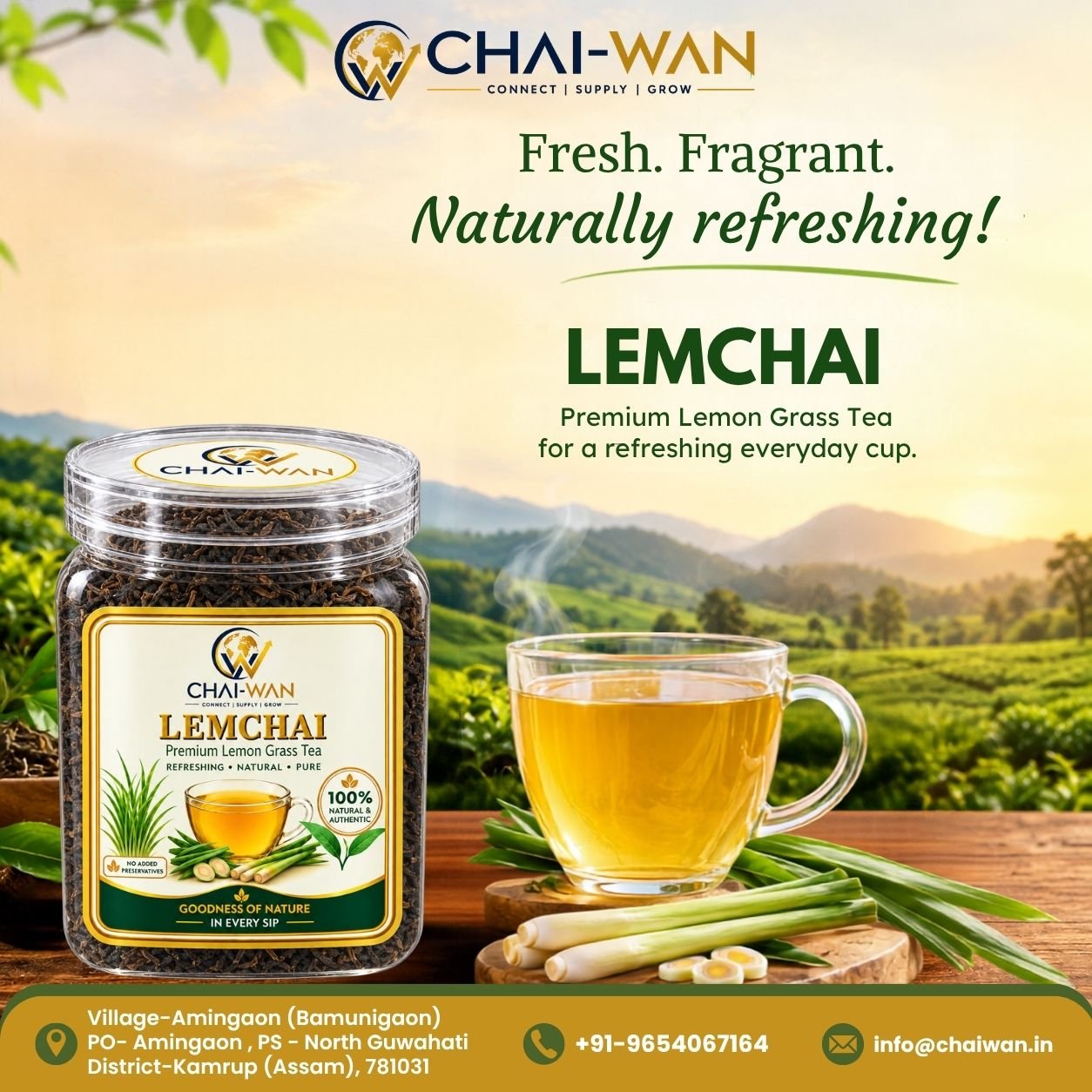 LEMCHAI premium lemongrass tea jar with a freshly brewed cup