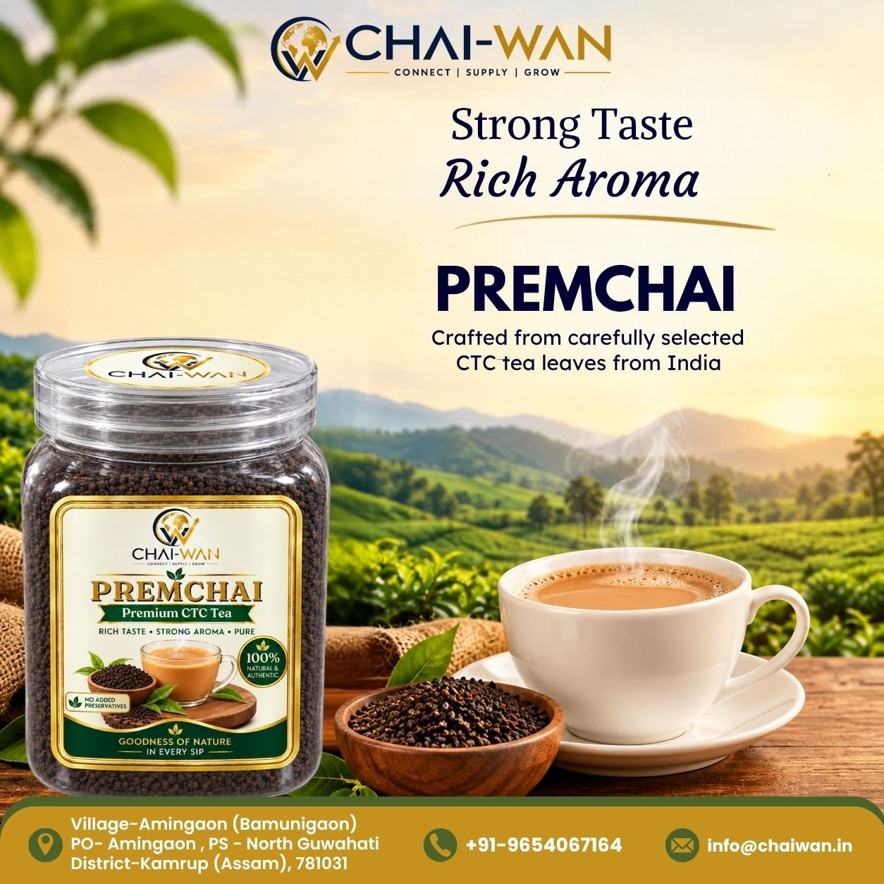 PREMCHAI premium CTC tea jar with a cup of milk tea